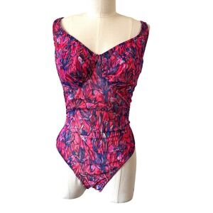 Vintage Solar Pink Floral Mesh Ruched One Piece Swimsuit Vintage Sz 18 RARE!
